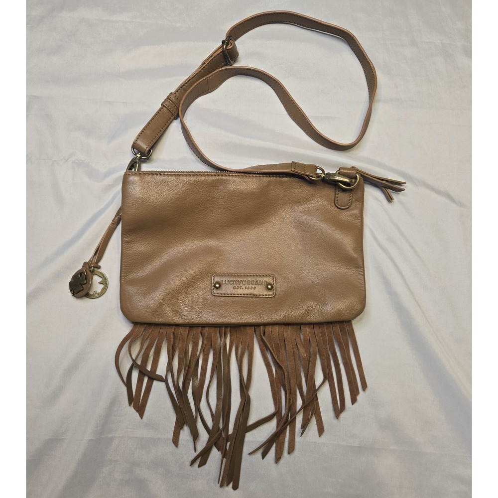 Lucky Brand Genuine Leather Brown Fringe Crossbody Purse Bag Charms Boho Western